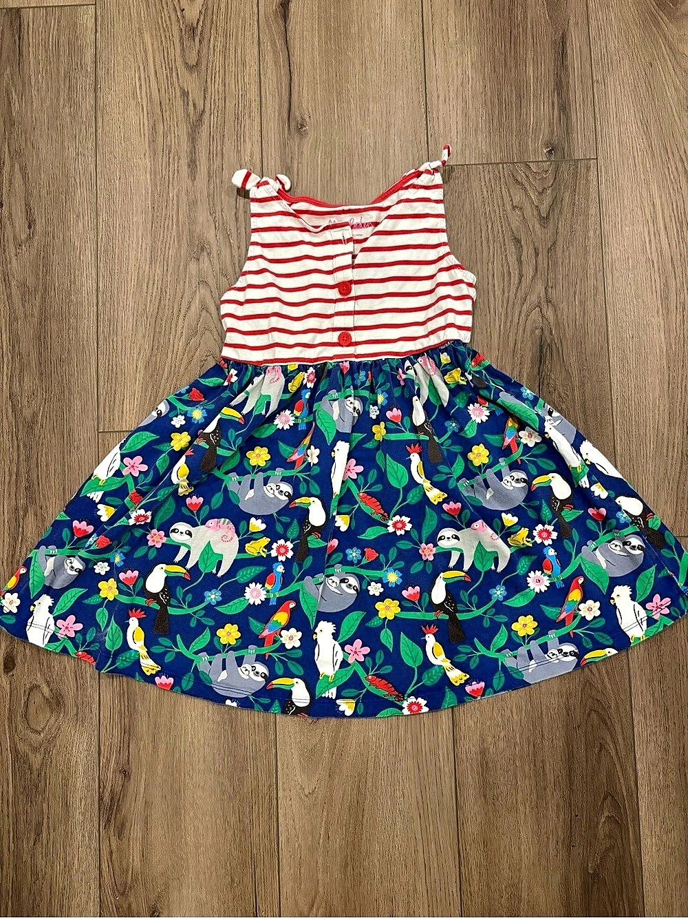 Mini Boden Sloth and Toucan Print Dress Blue & Red Girls 6-7